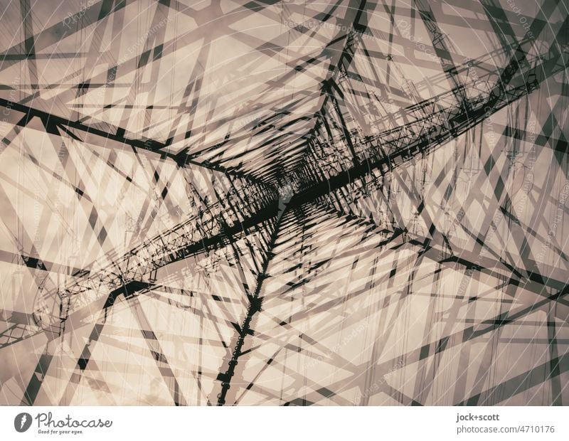 Strommast Duo hoch eckig komplex Symmetrie abstrakt Konstruktion Strukturen & Formen Froschperspektive Silhouette Netzwerk Hochspannung Linie Architektur