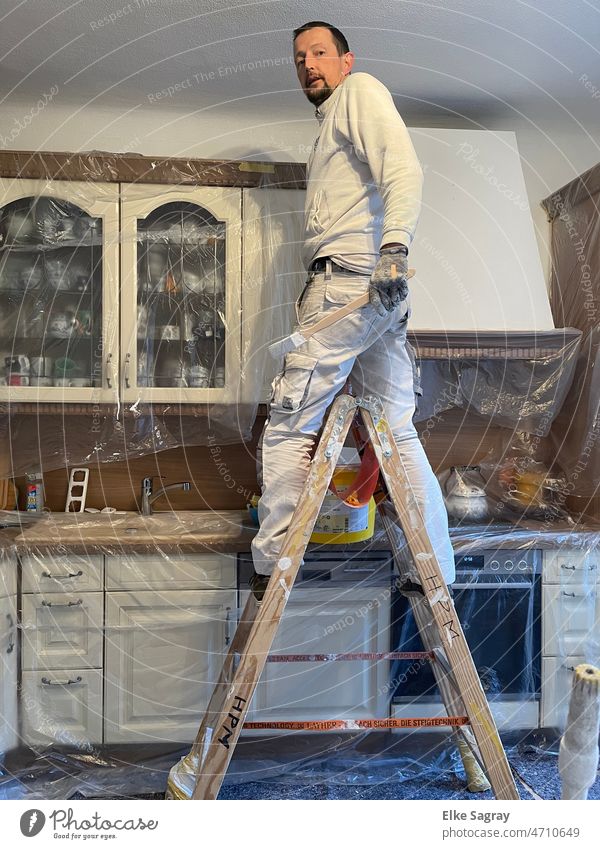 Ein Profi bei der Arbeit - Küche Renovieren alt Haus Farbfoto Maler Häusliches Leben streichen Innenaufnahme Handwerk