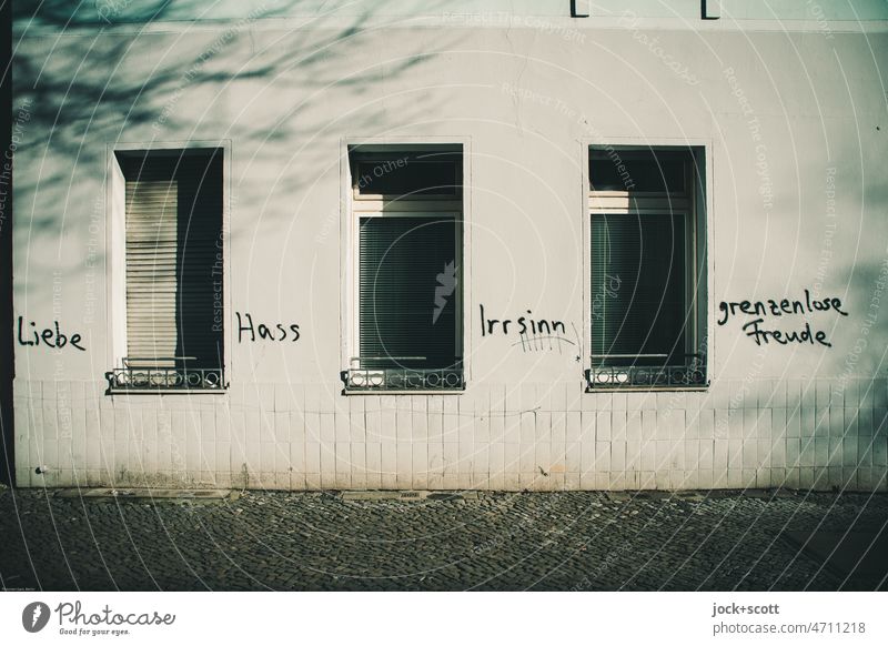 Liebe | Hass | Irrsinn | grenzenlose Freude Fassade Fenster Wort Straßenkunst geschrieben Unterteilung Bürgersteig Schriftzeichen Zeitgeist Gefühle Gegensätze