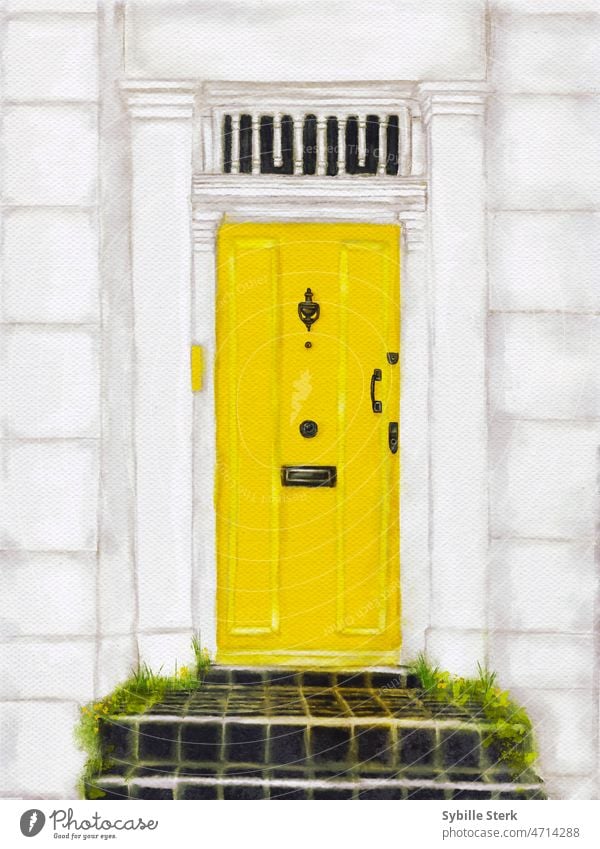 Gelbe Tür mit schwarz gefliesten Stufen Regentschaft Architektur Haus Eingangstür Außenaufnahme Bauwerk Gebäude Kensington London Malerei