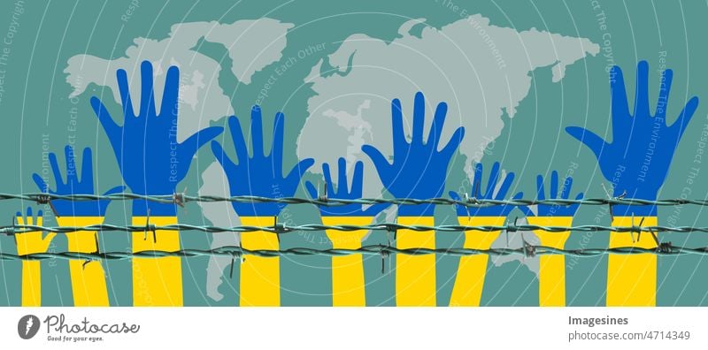 Ukrainische Flagge - erhobene Hände auf grünem Weltkarten Hintergrund. Hände hinter Stacheldraht. Handgruppe mit erhobenen Armen. Konzept der ukrainischen und russischen Militärkrise. Flache Abbildung