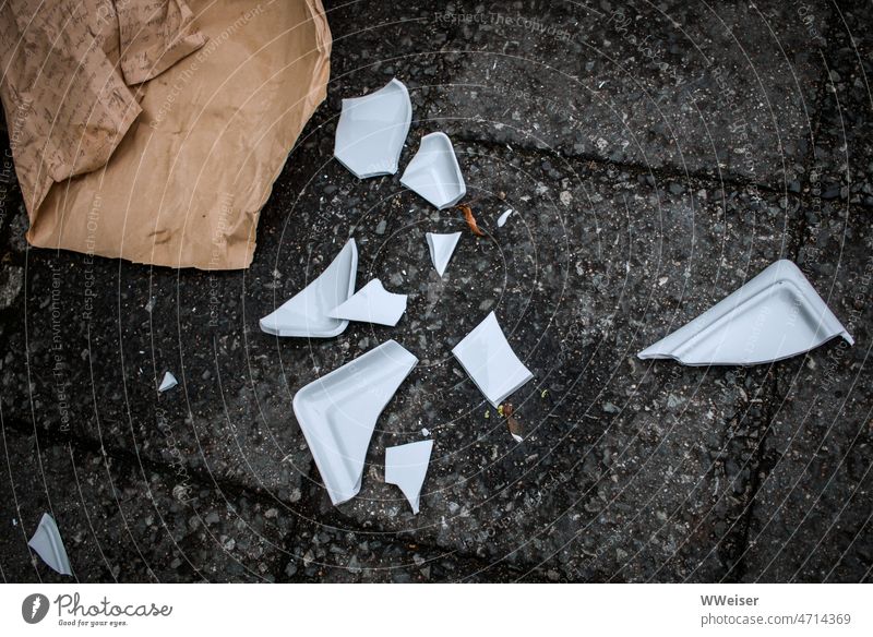 Eine Platte aus weißem Porzellan ist in viele Scherben zerbrochen und liegt auf der Straße Geschirr kaputt Unfall Unglück Asphalt Bodenplatten kacheln grau