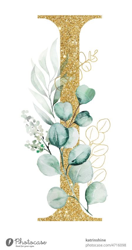 Goldener Buchstabe I verziert mit grünen Aquarell-Eukalyptuszweigen und Blättern isoliert botanisch Charakter Zeichnung Element handgezeichnet Feiertag