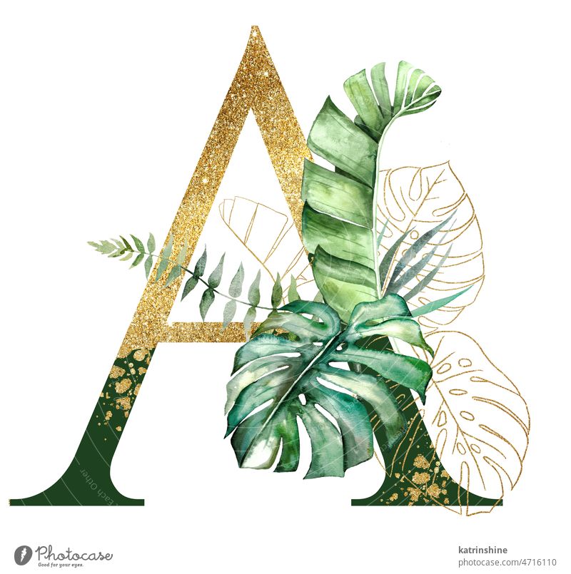 Goldener Buchstabe A verziert mit grünen und goldenen Aquarell tropische Blätter isoliert botanisch Charakter Zeichnung Element exotisch handgezeichnet Feiertag