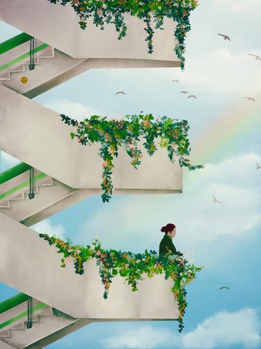 Umweltfreundlicheres Leben Regenbogen Hochhaus Treppe Balkon Blumen wachsend grün Blätter grüneres Verlassen Ökologie grüne Architektur Vögel Wolken Himmel