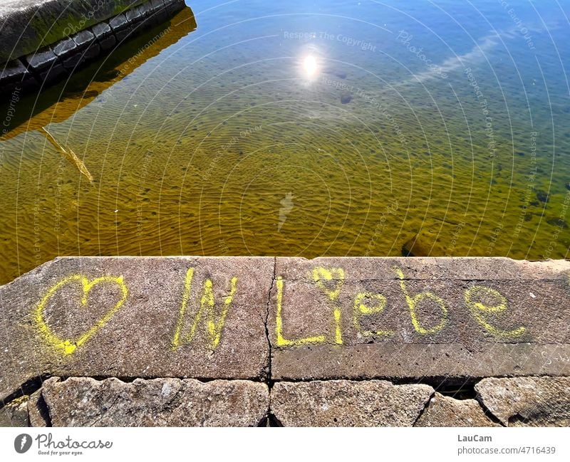 In Liebe - Frühlingsgefühle am sonnigen Seeufer in Liebe Ufer Graffiti Sympathie Liebesbekundung Wasser Sonne Spiegelung Liebeserklärung Romantik Zusammensein
