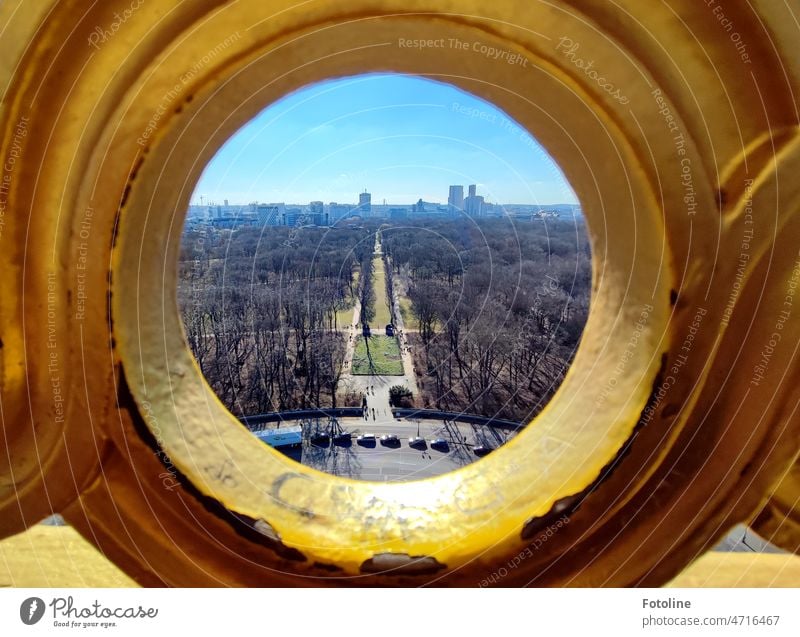 Von oben sieht die Welt ganz anders aus II -Blick durch das goldene Geländer der Siegessäule auf den Tiergarten, der noch recht grau und trist durch den vergangenen Winter wirkt.