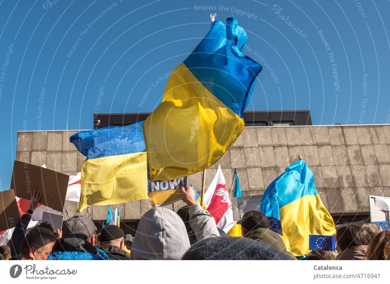 Wehende Fahnen der Ukraine Himmel Demo Stadt Architektur Bauwerk Europäische Union schwenken Krieg Balu Gelb Flagge Politik & Staat Zeichen Demoschild