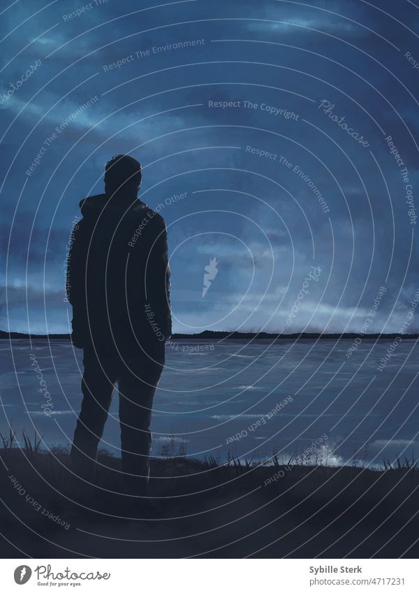 Ein Mann steht am Meer bei Beginn eines Sturms nordisch noire Grübeln Natur MEER Horizont Unwetter Himmel Wolken Seeküste dunkel Sonnenuntergang Gewitterwolken