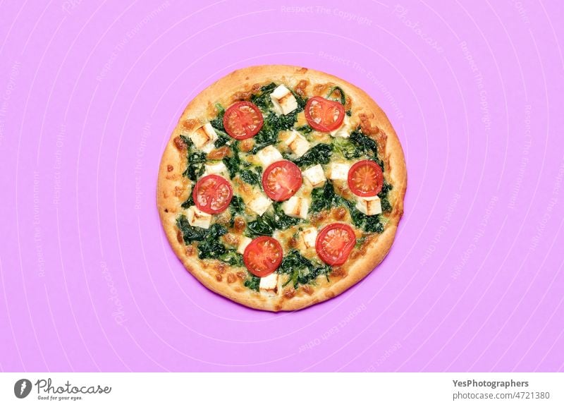 Pizza vegetarisch Ansicht von oben isoliert auf einem lila Hintergrund gebacken Käse Farbe Kruste Küche lecker Diät Abendessen schnell Feta flache Verlegung