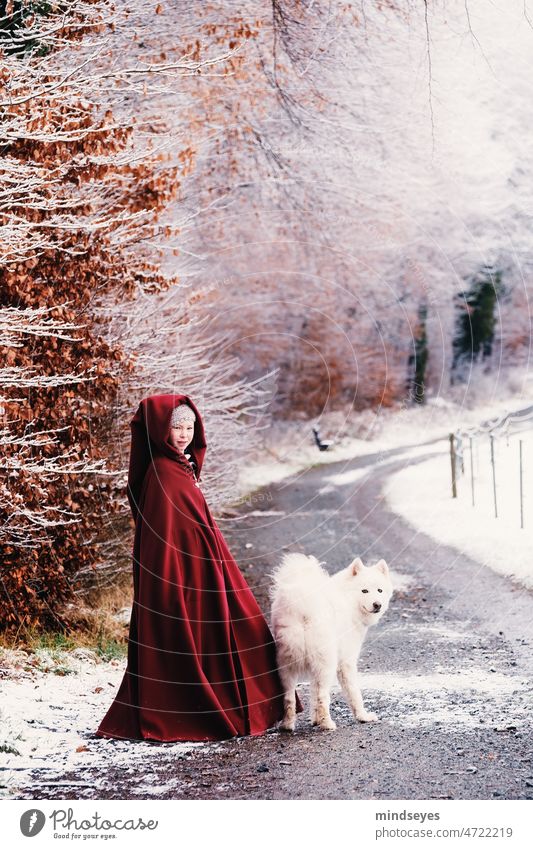 Rotkäppchen und der Wolf Schnee Roter Umhang roter Mantel Hund weisser Hund Winterzauber Winterwonderland märchen mädchen traum Geschichtenerzählen geschichte