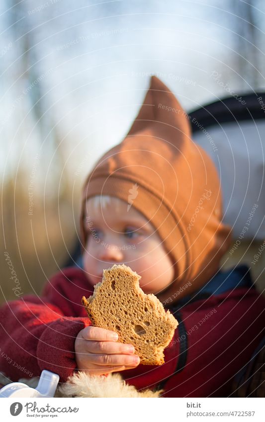 je oller, je doller l kleiner Junge mit Zipfelmütze und einer alten, angebissenen Brotscheibe in der Hand. Kind Kindheit Kleinkind 1-3 Jahre Natur Essen halten