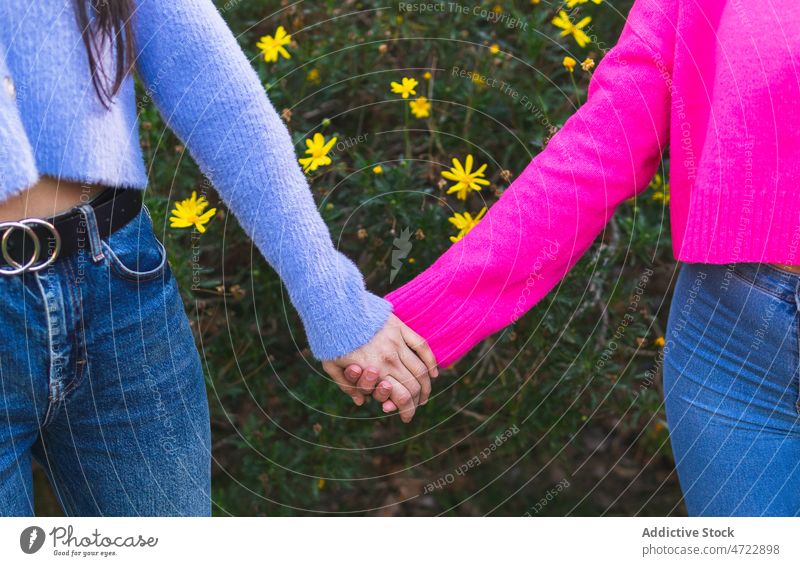 Unbekannte Frauen halten sich auf der Straße an den Händen Freund Händchenhalten Buchse Bonden Partnerschaft Zeit verbringen Freundschaft Blume Sommer geblümt