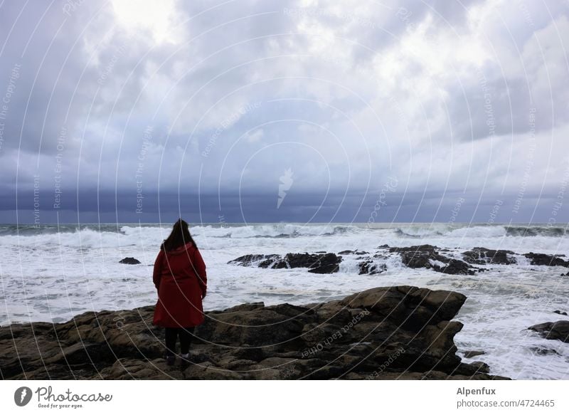 Frau schaut nach Nordamerika Meer Wellen Wellengang Küste Gischt Brandung tosend Urelemente Wasser Sehnsuchtsort Horizont Strand Außenaufnahme Kraft wild Felsen