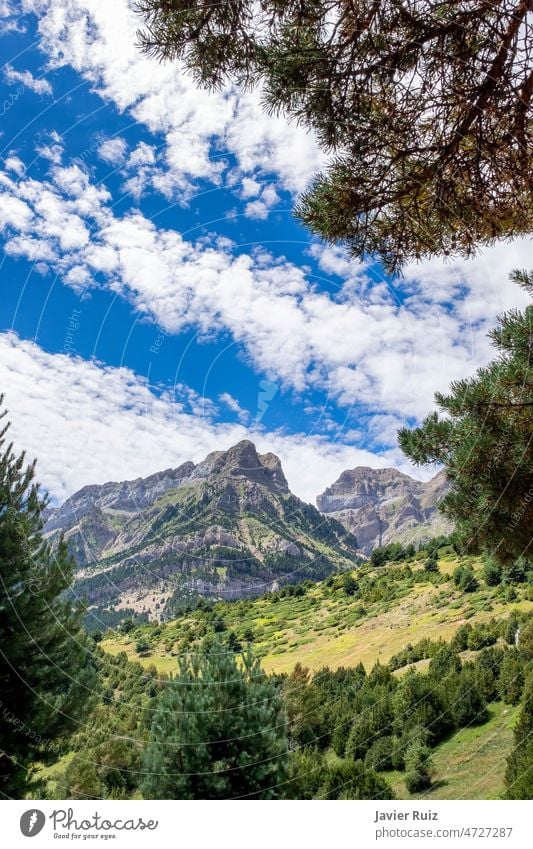 ein Gebirgszug, umrahmt von Vegetation an den Rändern, an einem Sommertag mit einem Himmel mit baumwollartigen Wolken, Pena Telera, Valle de Tena, Biescas, Huesca, Spanien