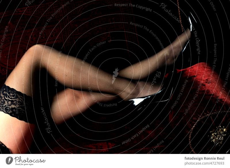 Frauenbeine in lasziver Position in Spitzenstrümpfen und Pumps auf rotem Samtsofa Beine weiblich Strümpfe Dessous schwarz Sofa Damenschuhe glänzend Messing