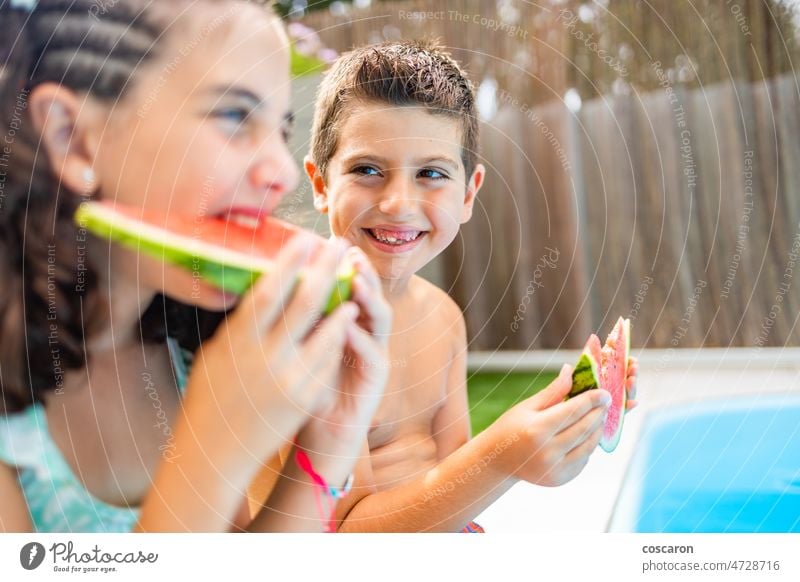 Zwei lustige Kinder, die an einem Sommertag am Rande des Pools Wassermelone essen Junge hell Kindheit niedlich Essen genießen Ausdruck Lebensmittel frisch