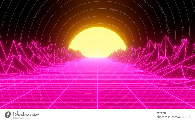 Retro Neon Sonnenuntergang. Vaporwave Jahrgang 3D Neon Landschaft.3d Illustration 80s Spiel neonfarbig retro Hintergrund futuristisch Raster dreidimensional