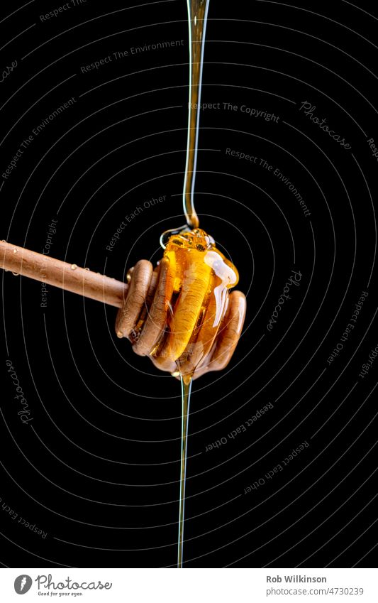 Honig, der über einen hölzernen Schöpflöffel fließt, schwarzer Hintergrund Bernstein Nahaufnahme lecker Diät Abblendschalter eintauchend Tropf tropfte Tropfen