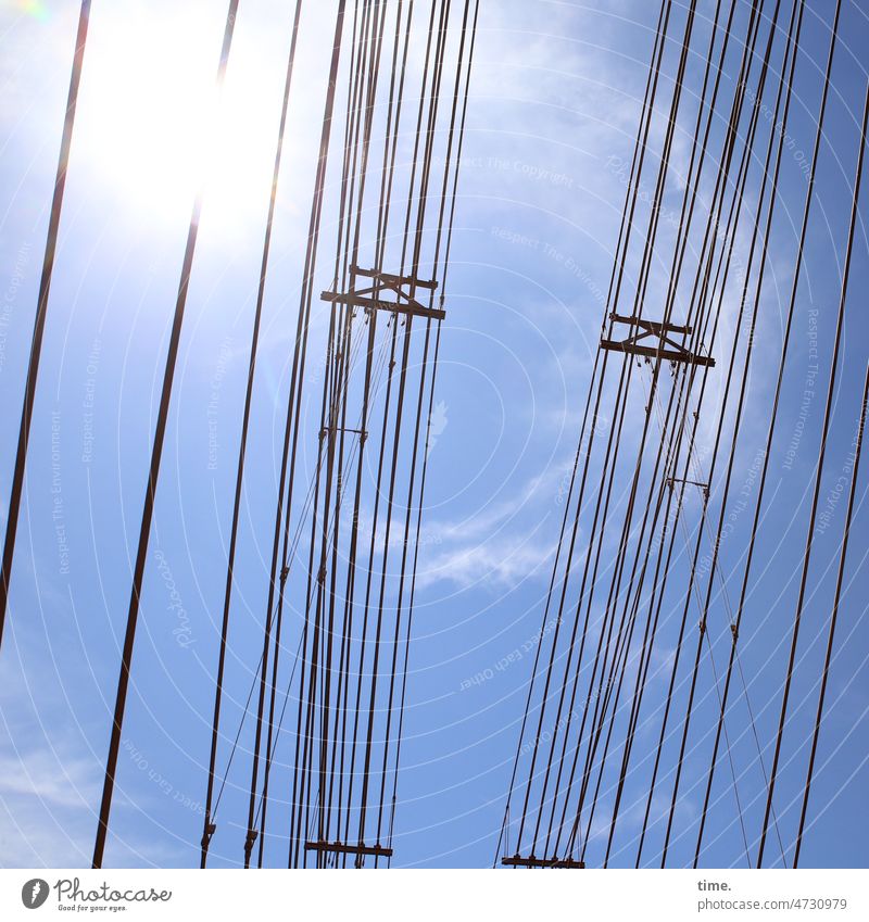 Froschperspektive | Sonne, Luft und Stahl Versorgungsleitungen Kabel Transport Himmel Sonnenlicht blenden parallel Stahlseil Struktur Technik & Technologie