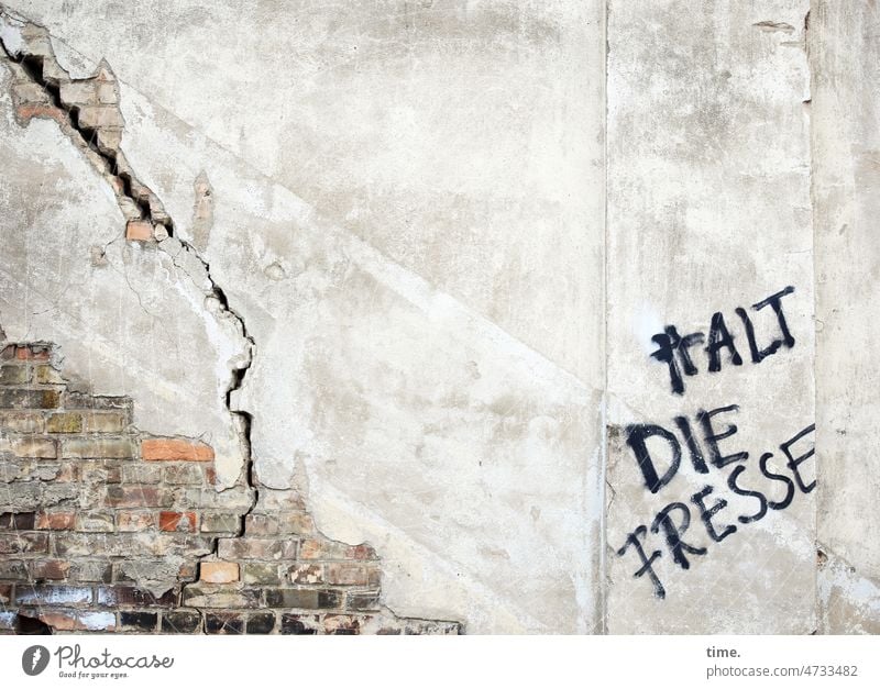 Kitsch kennt keine Grenzen | Rabaukenromantik mauer grafitti riss backstein kaputt aggression fresse aufforderung ärger wut putz wand sanierung sanierungsfall