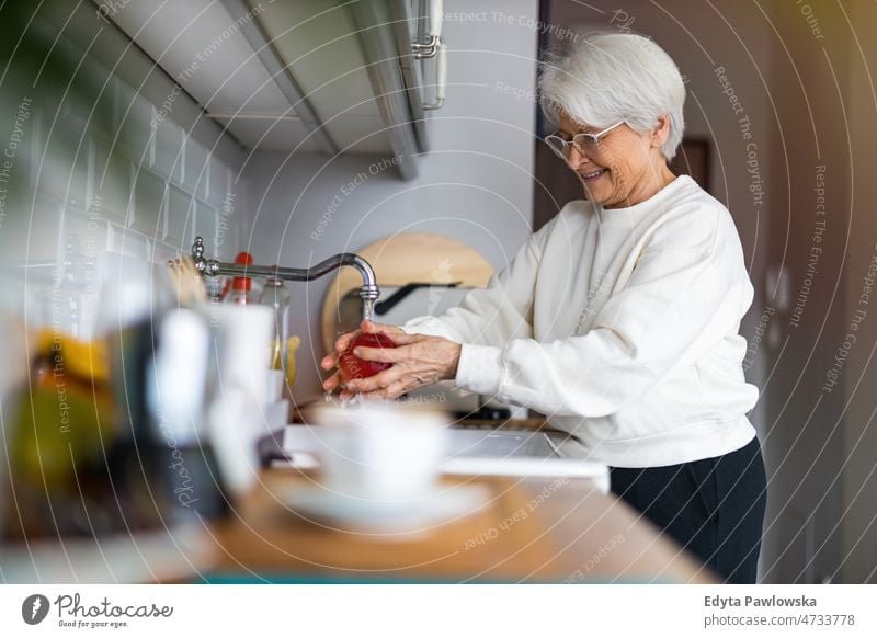 Aufnahme einer älteren Frau in ihrer Küche Aktive Senioren Küchenspüle Küchentheke Vorbereitung Wasser Hausarbeiten allein zu Hause häusliches Leben Oma