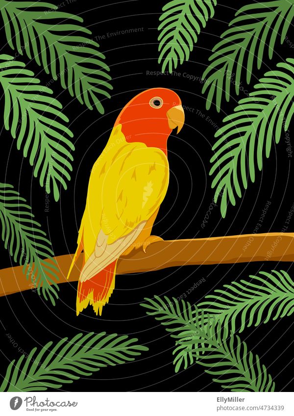 Farbenfroher Vogel vor einem schwarzen Hintergrund mit Palmzweigen. bunt farbenfroh Illustration tropisch Sittich schwarzer Hintergrund Kontrastreich gelb