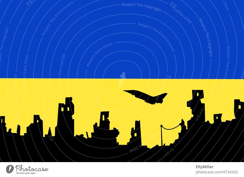 Krieg in der Ukraine. Ukrainische Flagge mit Silhouette von zerstörten Städten. Zerstörung Frieden Zeichen Solidarität Politik & Staat Friedenswunsch