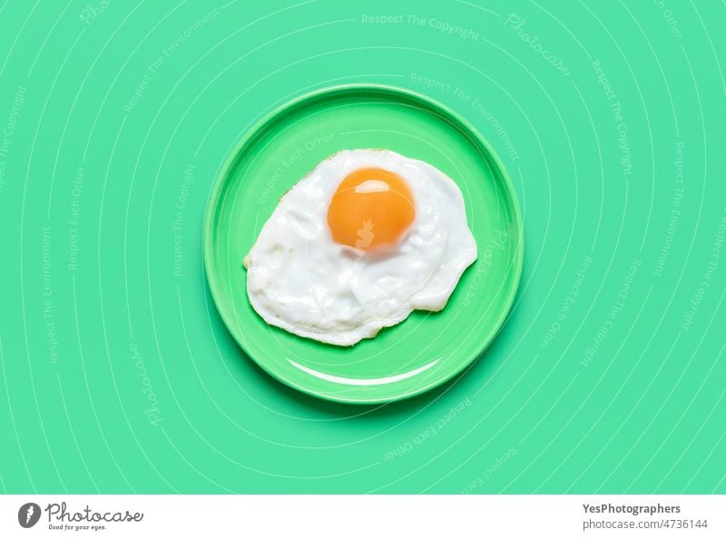Spiegelei auf minimalistischem, grünem Hintergrund, Ansicht von oben Tier Frühstück hell Hähnchen Cholesterin Nahaufnahme Farbe Essen zubereiten Textfreiraum