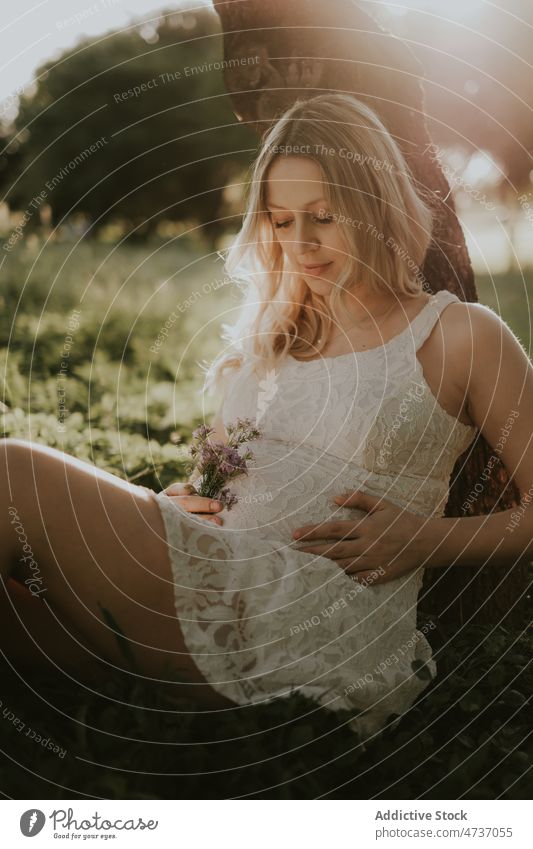 Blonde schwangere Frau auf Wiese im Sommer Schwangerschaft Park warten erwarten Bauch Wald pränatal ruhen mütterlich Dame friedlich Windstille Gelassenheit