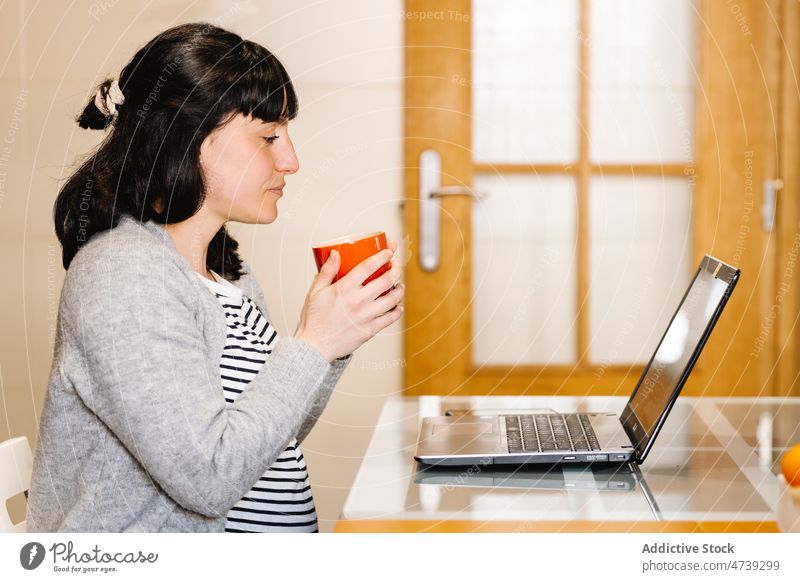 Junge hispanische schwangere Frau, die ein heißes Getränk trinkt und den Laptop in der Küche beobachtet zuschauen trinken Kaffee erwarten Frühstück Video