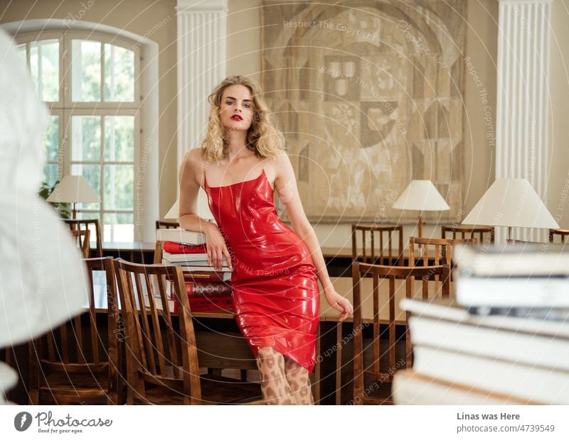 Ein wunderschönes Modemodell in einem roten Latexkleid zeigt ihr lockiges blondes Haar, lange Beine, rote Lippen, sexy Kurven und eine sexy Haltung gegenüber der Kamera. Ein Fotoshooting in einer Bibliothek mit Büchern, stilvollem Interieur und Holzmöbeln rundherum.