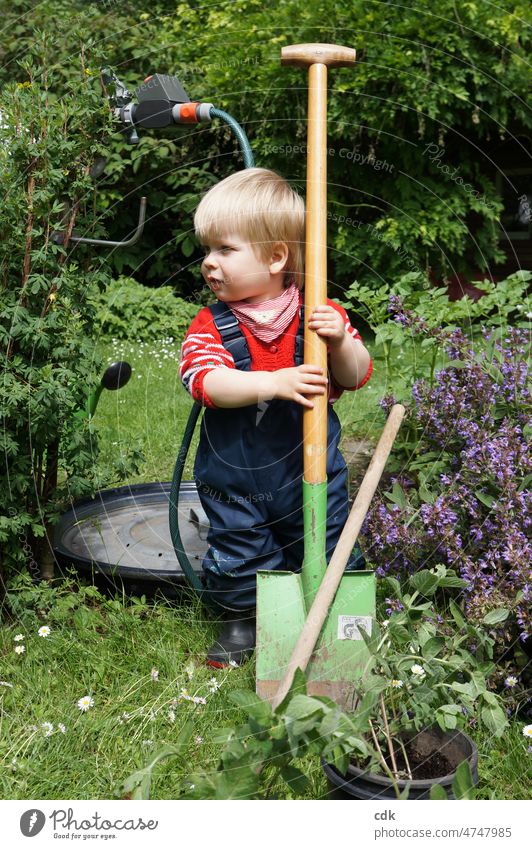 Kind mit großem Spaten im Garten: es kann losgehen! Kleinkind draußen großer Spaten grün einsatzbereit unternehmungslustig gärtnern im Garten arbeiten mithelfen