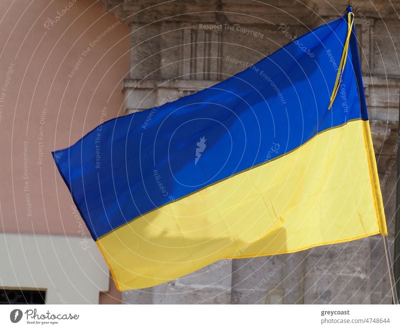 Ukraine Krieg Proteste protestieren Invasion gelb blau Fahne Ukrainer Transparente Zeichen Kundgebung Valencia Spanien Freiheit Frieden Symbol Nachricht