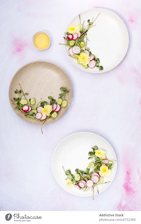 Kräuter- und Rettichsalate mit Blumen Salatbeilage Vegetarier Kraut Saucen Erdöl Garnierung Haute Cuisine anspruchsvoll Gemüse Schalen & Schüsseln Teller dienen