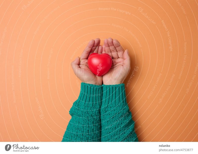weibliche Hände hält rotes Herz, orange Hintergrund. Liebe und Spende Konzept Pflege Kaukasier Almosen Tag schenken Geldgeschenk Spender Februar Frau Geschenk