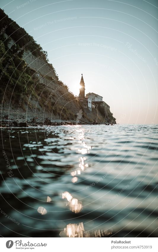 #A0# Sonne von Piran piran Slowenien Meer Küste Kirche Kirchturm Sonnenuntergang Farbfoto Außenaufnahme Ferien & Urlaub & Reisen Wasser Meerwasser Himmel Sommer