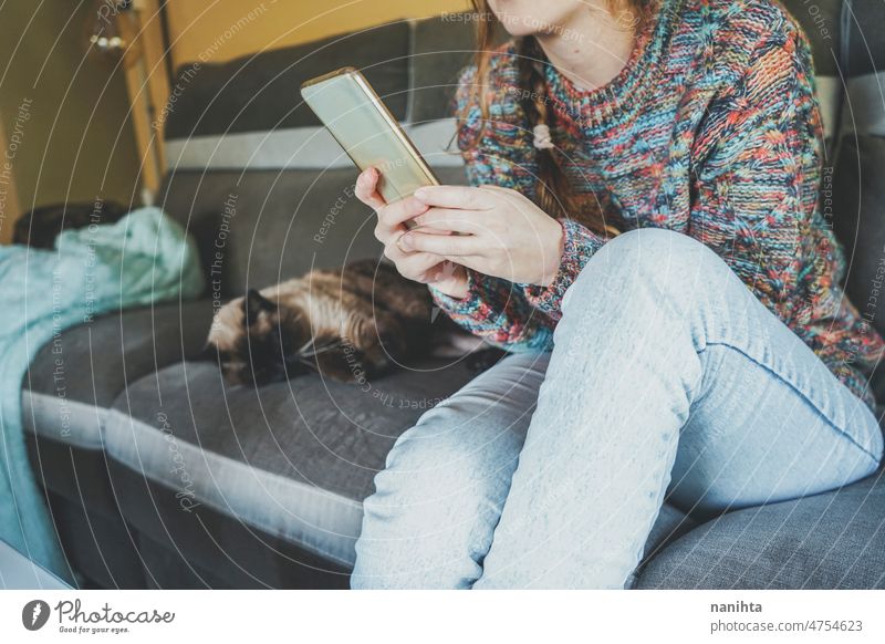Nahaufnahme einer Teenagerin, die ihr Smartphone in der Nähe ihrer Katze benutzt schließen Mobile Telefon Frau heimwärts Arbeit Telearbeit soziale Netzwerke