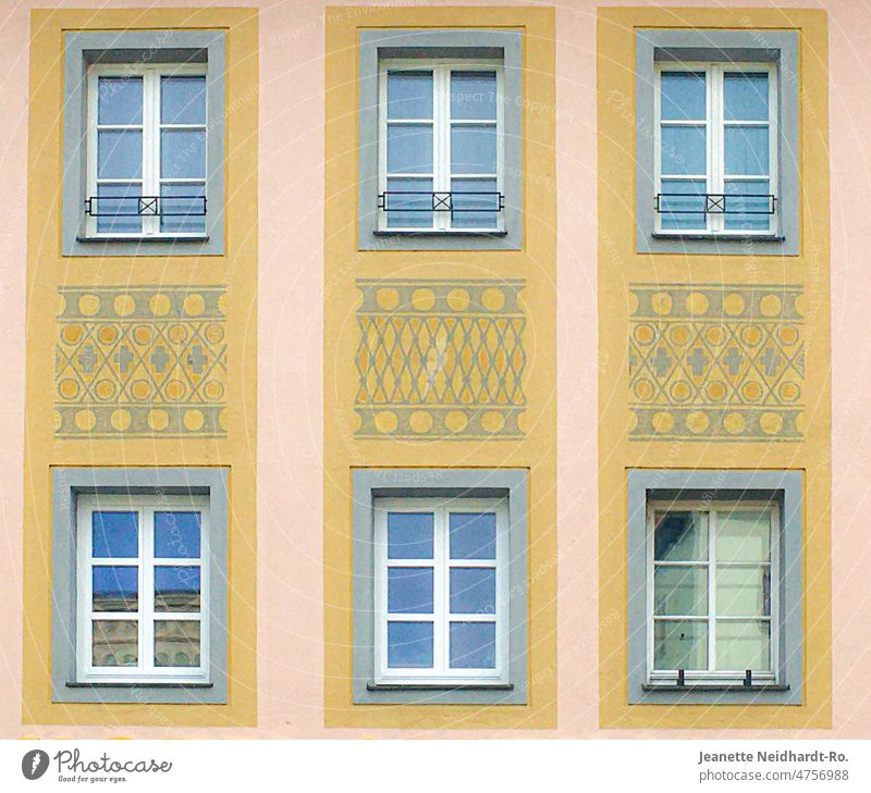 Fassade und Fenster Fensterscheibe Ornament Fassadengestaltung Sprossenfenster Spiegelung Haus Hausfassade Gebäudefassade Architektur Bauwerk Außenaufnahme