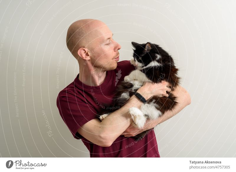 Haarloser Mann hält seine Katze männlich Haustier Kraulen Hand Liebe Freundschaft Zusammengehörigkeitsgefühl mental haarlos Wiederherstellung pelzig Tier