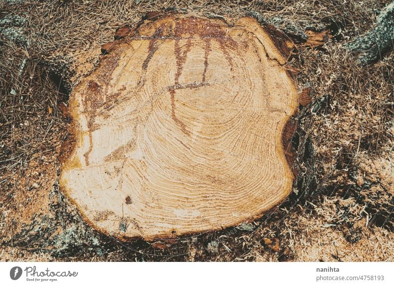 Geschnittener Kiefernstamm in natürlicher Szene im Freien Entwaldung loggen fällen abholzen hacken Natur nachhaltig Umwelt Holz Detailaufnahme Totholz Baum