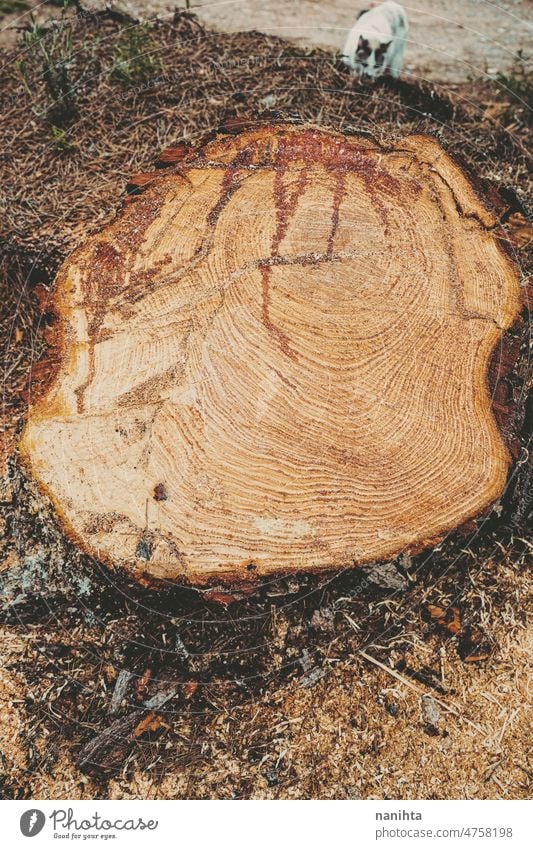 Geschnittener Kiefernstamm in natürlicher Szene im Freien Entwaldung loggen fällen abholzen hacken Natur nachhaltig Umwelt Holz Detailaufnahme Totholz Baum