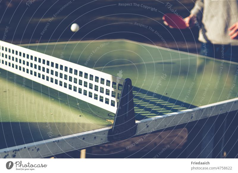 Detailaufnahme einer Tischtennisplatte mit fliegendem Ball Tischtennisball Tischtennisschläger Sport Freizeit & Hobby Spielen Bewegung Linie Außenaufnahme