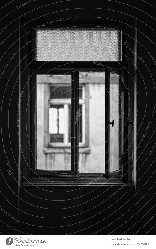 Blick durch Fenster Haus Mauer Wand alt dunkel Unbewohnt Schwarzweißfoto Innenaufnahme Tag Gegenlicht Schwache Tiefenschärfe