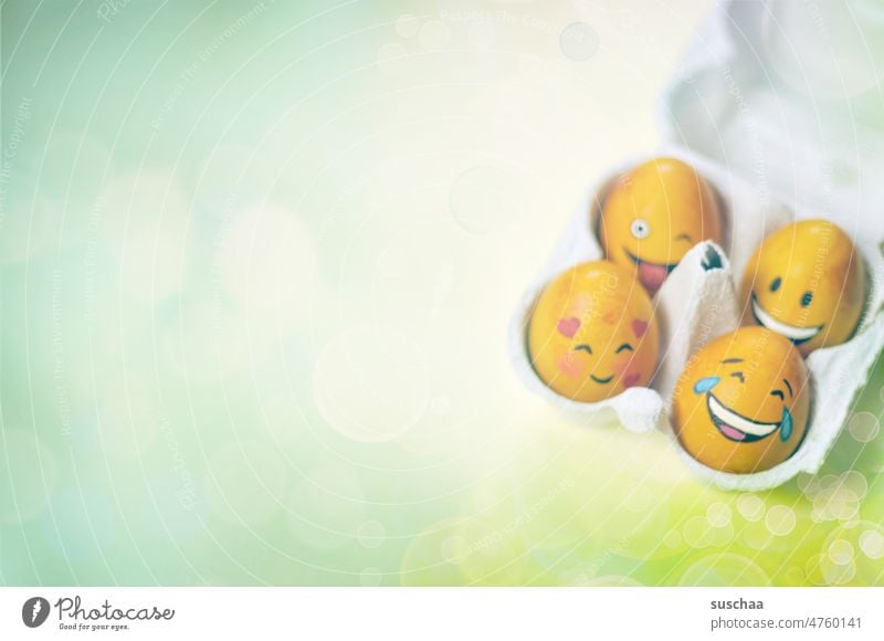 lustig angemalte ostereier im karton Ostern Ostereier bemalt Smileys lachend Frühling Dekoration & Verzierung Tradition Lebensmittel Textfreiraum Eierkarton