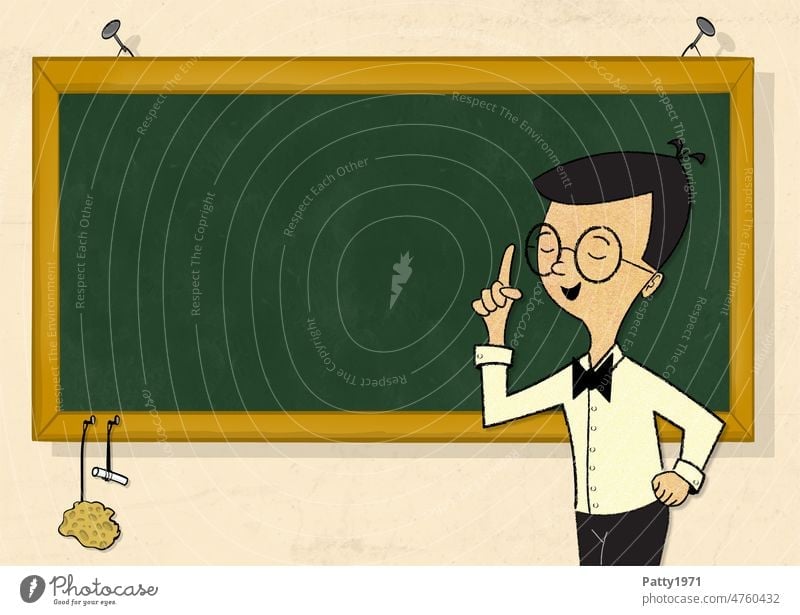 Lehrer steht lächelnd mit erhobenem Zeigefinger vor einer grünen Schultafel. Illustration Bildung Cartoon Grafik u. Illustration Schule Tafel lernen Kreide