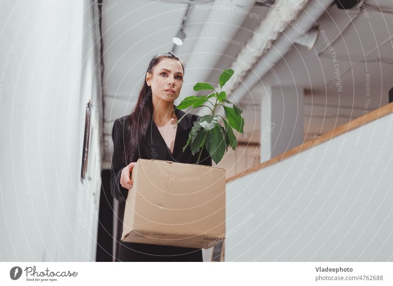 Entlassene Frau geht mit persönlichen Sachen in eine Box im Büro Kasten entlassen Personal Verpackung Zeug Job Business Arbeit Zugehörigkeit Depression