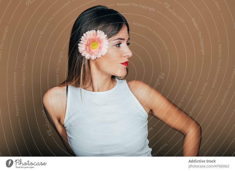 Selbstbewusste Frau mit Blumenblüte im Haar im Studio Model selbstbewusst Gerbera Stil selbstsicher charismatisch charmant cool Vorschein feminin ernst