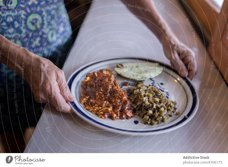 Unbekannte Person serviert traditionelles mexikanisches Gericht mexikanisches Essen Koch Speise Maulwurf Xiqueno Maulwurf xiqueño kulinarisch Mahlzeit Ei Küche
