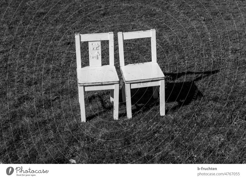 Zwei Stühle nebeneinander in der Wiese Sessel zwei leer Menschenleer Sitzgelegenheit Stuhl Möbel Einsamkeit sitzen Platz frei weiß Schwarzweißfoto Gras paar